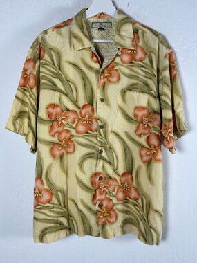 Tommy Bahama Mens Silk Floral Hawaiian Camp Shirt Medium Beige Short Sleeve